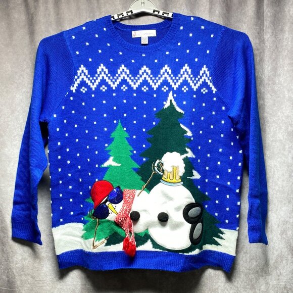 Jolly Sweaters XXL Funny Ugly Christmas Sweater Blue Snowman Beer Knit - Picture 1 of 11